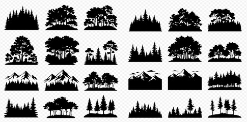 Obraz premium Silhouetted trees and mountain ranges in a collection of vector graphics.