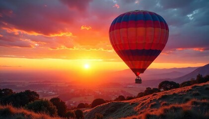 Obraz premium Hot Air Balloon Sunrise Ascent A Spectacular Aerial View of a Vibrant Balloon Gracefully Rising Against a Fiery Sky, Casting a Long Shadow Across the Landscape.
