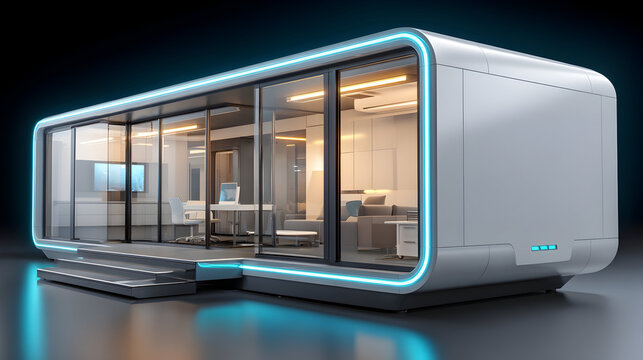 A sleek, futuristic modular living office pod features minimalist design, glass walls, vibrant blue LED accents modern compact living.