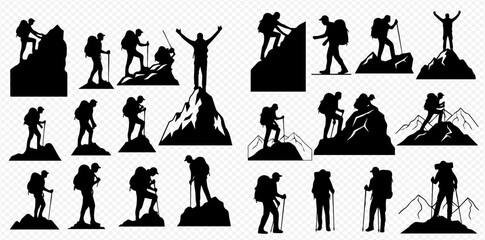 Silhouetted figures of hikers climbing mountains, some with arms raised in victory.