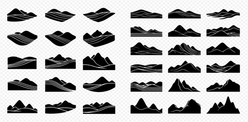 Silhouetted mountain and hill range illustrations in black and white.