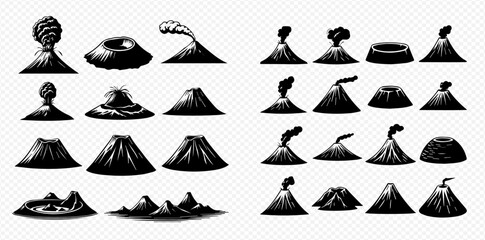 A collection of volcano illustrations in black and white, showcasing various shapes and eruption styles.