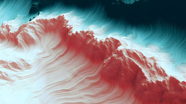 Dynamic abstract digital art features vibrant coral teal wavy textures flowing across a dark background, evoking a surreal natural landscape ocean currents.