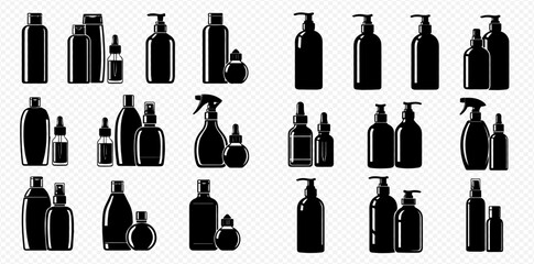 Silhouetted cosmetic bottles and containers in various shapes and sizes, isolated on a white background.
