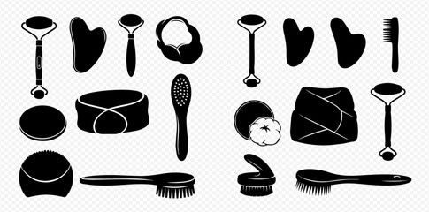 A collection of beauty and skincare tools, including rollers, gua sha, brushes, and containers, arranged in two groups.