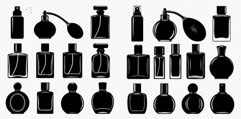 Silhouetted perfume bottles of various shapes and sizes, arranged in rows on a light background.