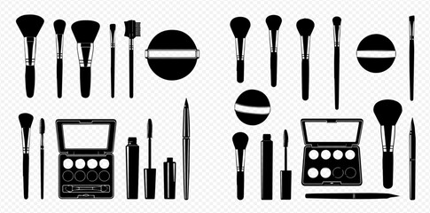 Makeup brushes and palettes in black silhouette on a transparent background.