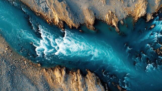 Aerial View of a Stunning Turquoise River Flowing Through Rocky Mountains Landscape