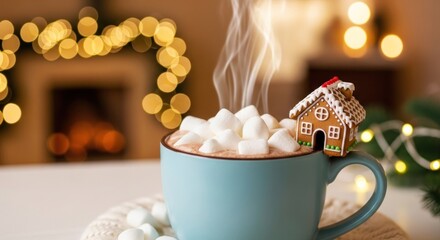 Cozy steaming hot chocolate with marshmallows and a miniature gingerbread house, against a blurry backdrop of festive lights