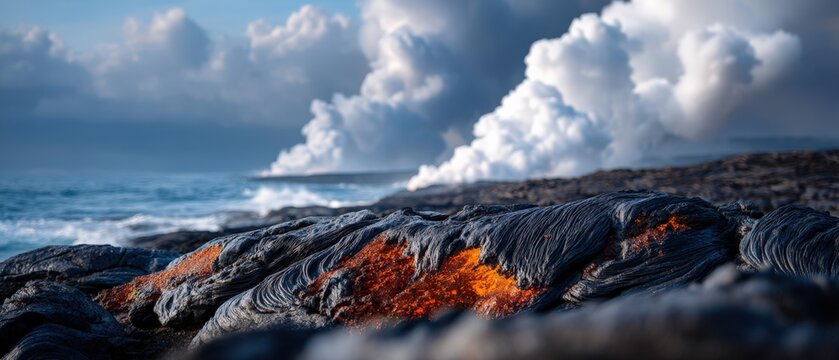 Lava flow on rocky coastline with steam rising from ocean waves and dramatic cloud formations - Powered by Adobe