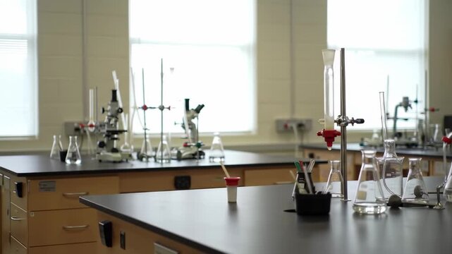 Laboratory interior featuring science equipment, including glassware, microscopes, and a clean workspace