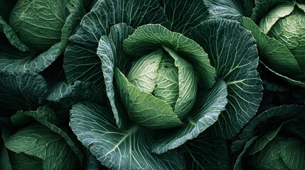 Obraz premium Close-up view of fresh, green cabbage heads growing in a field.