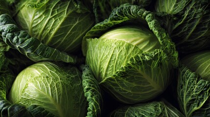Obraz premium Fresh green cabbage heads are tightly packed together in a full frame.