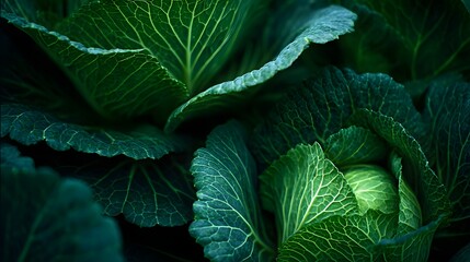 Close up of dark green cabbage leaves with prominent veins.
