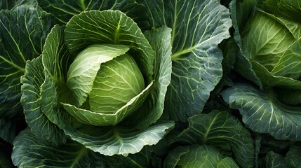 Obraz premium Fresh green cabbage grows in a field with detailed leaves.