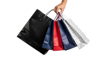 Hand holding shopping bags on black background on transparent background