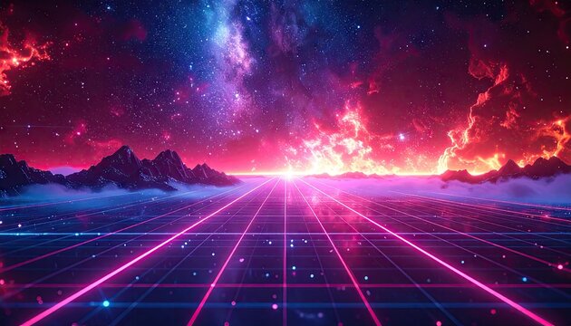 Synthwave Sunset Landscape with Glowing Grid