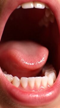 Macro Shot of Open Mouth with Tongue and Teeth Under Bright Studio Lighting Showing Human Anatomy for Medical and Health Content Showing Dental Hygiene and General Health Videos