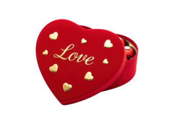Red heart shaped box with "love" and golden hearts decoration. A red heart shaped box with the word love and small gold hearts isolated on transparent background