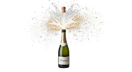 Champagne bottle exploding with foam on transparent background