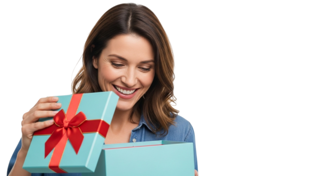 Happy woman opening a gift box - Powered by Adobe
