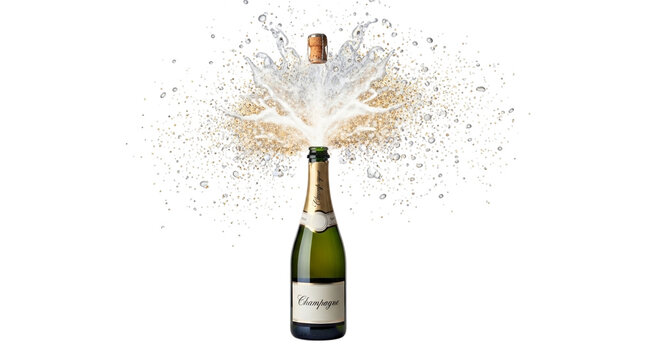 Champagne bottle exploding with foam on transparent background