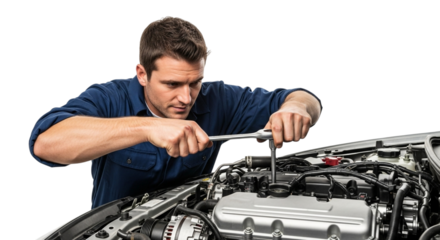 Mechanic repairing car engine with socket wrench