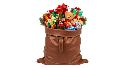 Santa's sack full of Christmas gifts and toys on transparent background
