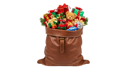Santa's sack full of Christmas gifts and toys on transparent background