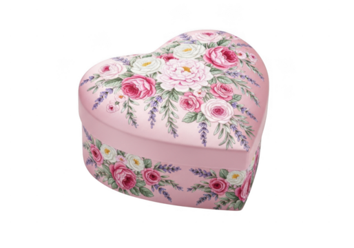 Elegant floral heart shaped gift box romantic present packaging. Heart shaped box with pink roses and lavender isolated on transparent background for romantic gift giving - Powered by Adobe