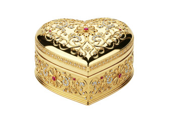Ornate heart-shaped jewelry box intricate designs romantic keepsake. Ornate golden heart shaped jewelry box isolated on transparent background, a luxurious and elegant way to store precious items