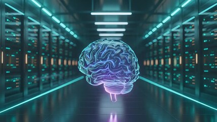 glowing digital brain hologram in futuristic server room - Powered by Adobe