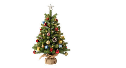 Decorated Christmas tree with lights and ornaments on transparent background