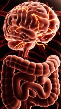 Brain Gut Connection Concept Visualization with Human Brain Anatomical Model and Intestines on Dark Background for Medical Educational Use and Scientific Study Illustration Render