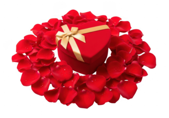 Red rose petals surround velvet gift box with golden ribbon. Heartshaped gift box surrounded by red rose petals isolated on transparent background, a romantic gesture of love