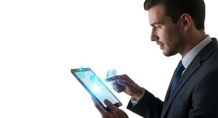 Businessman using a futuristic tablet with digital interface and icons on transparent background