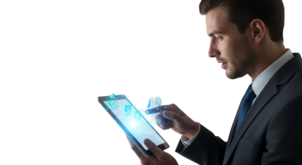 Businessman using a futuristic tablet with digital interface and icons on transparent background