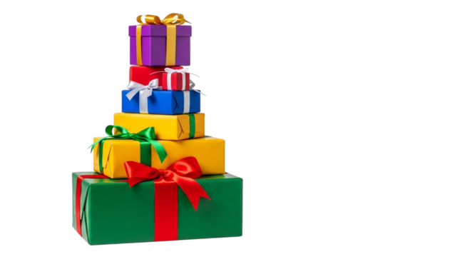 Stack of colorful gift boxes on transparent background
