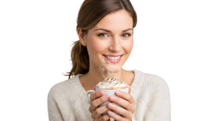 Woman holding a mug of hot chocolate with whipped cream and steam