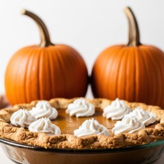 Delicious pumpkin pie topped with whipped cream and pumpkins isolated on white background