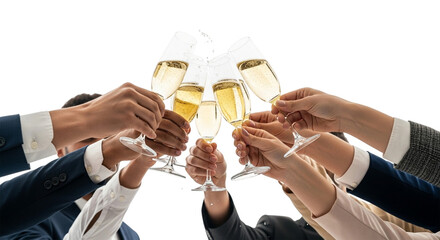 Group of people clinking champagne glasses in a toast