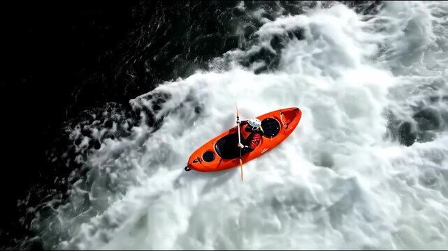 An overhead shot captures a lone kayaker navigating a rushing, foamy river with dark, rocky banks on one side. The kayak is a bright orange