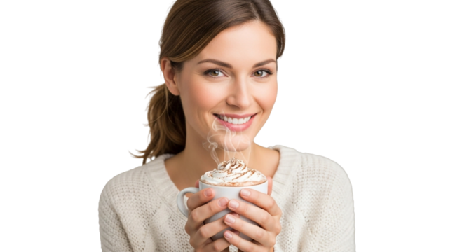 Woman holding a mug of hot chocolate with whipped cream and steam - Powered by Adobe