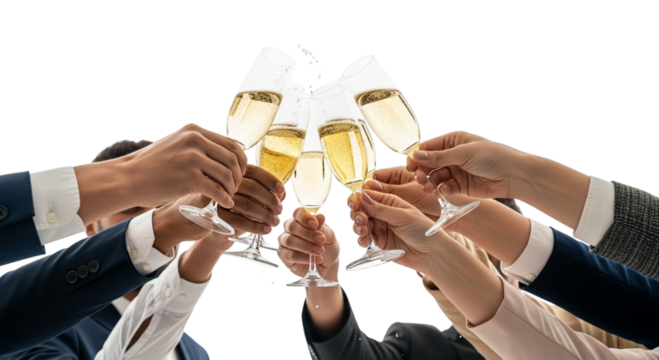 Group of people clinking champagne glasses in a toast