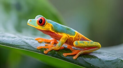 Obraz premium Colorful amphibian with bright red eyes perches on a green leaf.