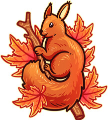 cute squirrel with red maple leafs 