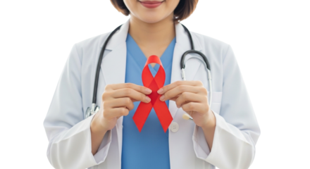 Doctor holding a red ribbon for AIDS awareness