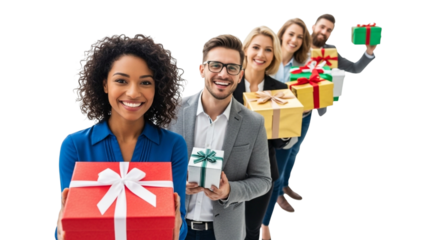 Diverse group of smiling people holding gift boxes