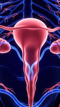 Medical Animation of Female Reproductive System with Uterus Ovaries and Fallopian Tubes in Red and Blue on Deep Blue Background for Healthcare and Educational Purposes Approximately 195 Characters