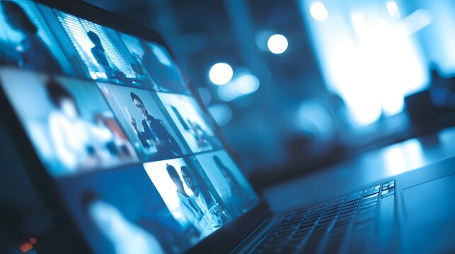 Diverse people communicate via video conference on a laptop screen.